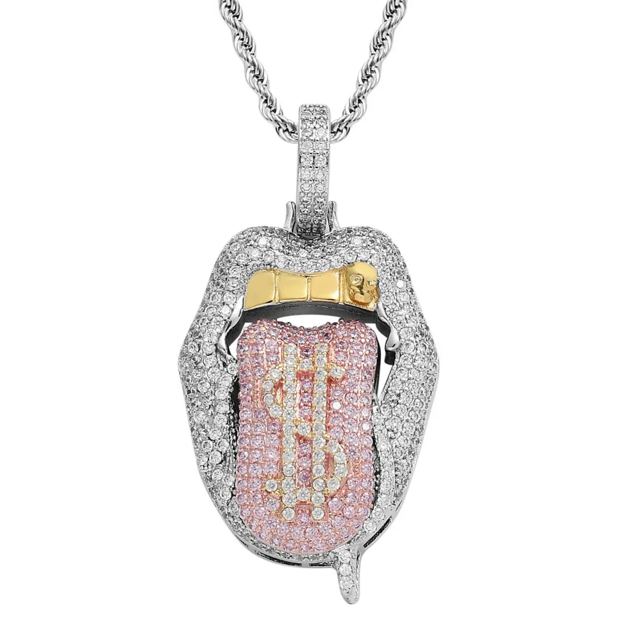 Iced Out Bling Cubic Zirconia Tongue Pendant Necklace