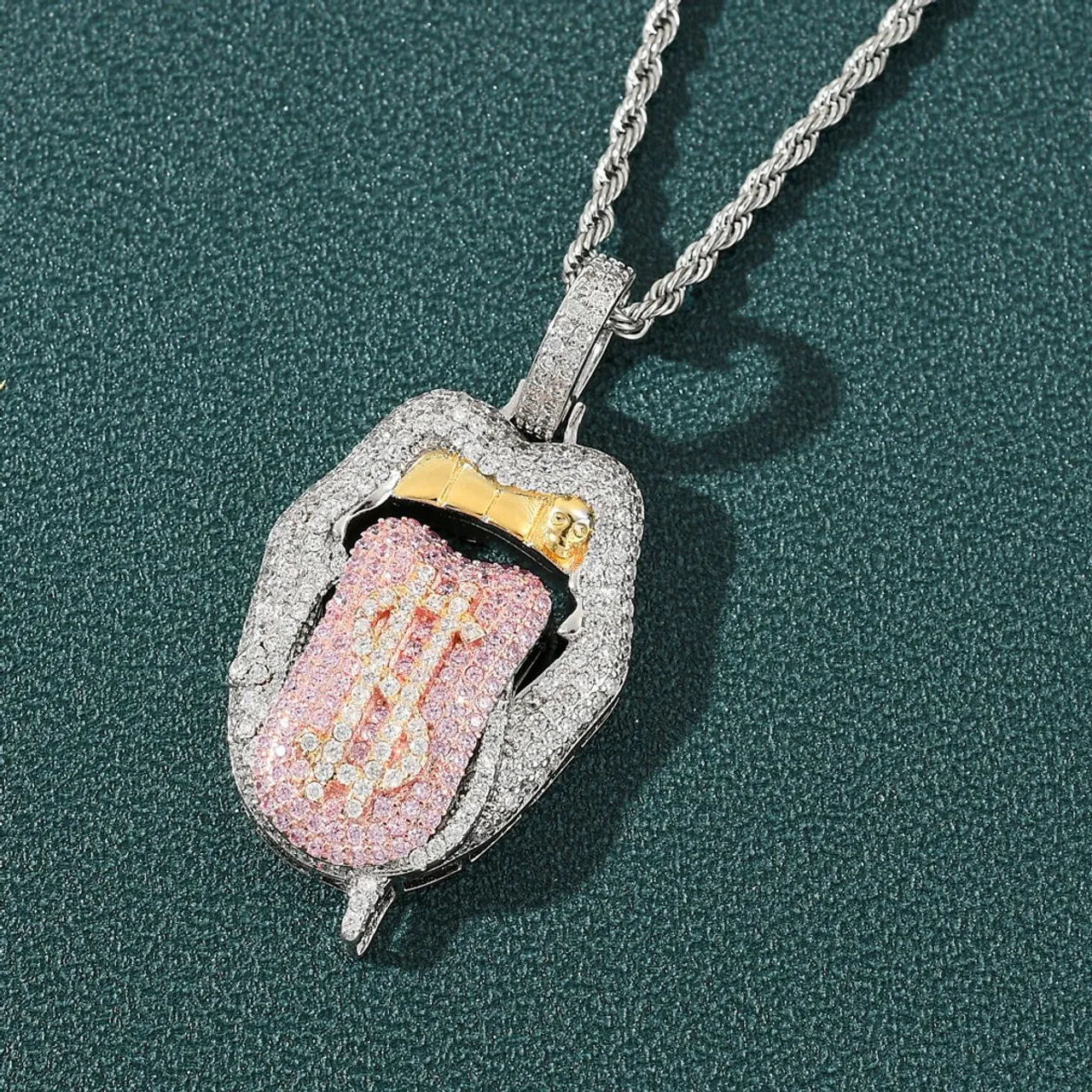 Iced Out Bling Cubic Zirconia Tongue Pendant Necklace