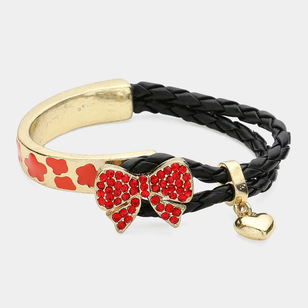 PAVE BOW HEART CHARM Faux Leather Bangle Bracelet by iLLASPARKZ