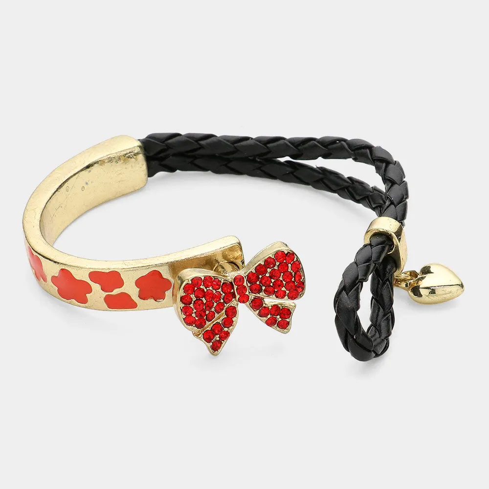 PAVE BOW HEART CHARM Faux Leather Bangle Bracelet by iLLASPARKZ