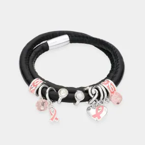 Pink Ribbon Theme Leather Wrap Bracelet