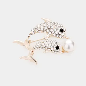 iLLASPARKZ Rhinestone Pave Pearl Dolphin Pin Brooch