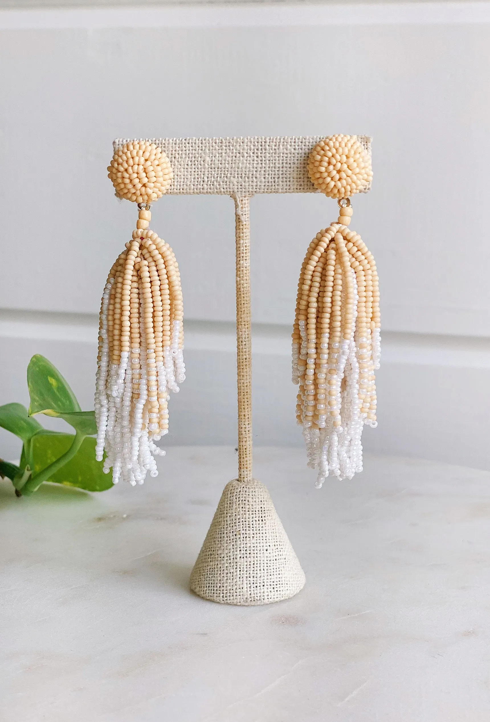 Eye-catching Rylee Beaded Tassel Earrings in Ivory