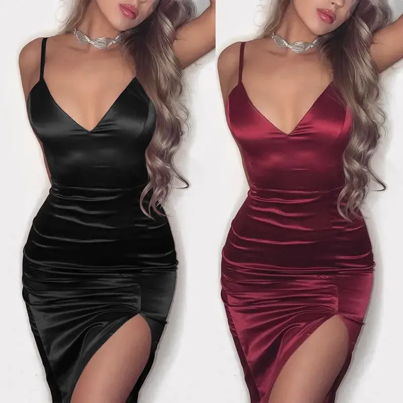 Sexy Bodycon Satin Dress with Strappy Backless Design and V-Neck