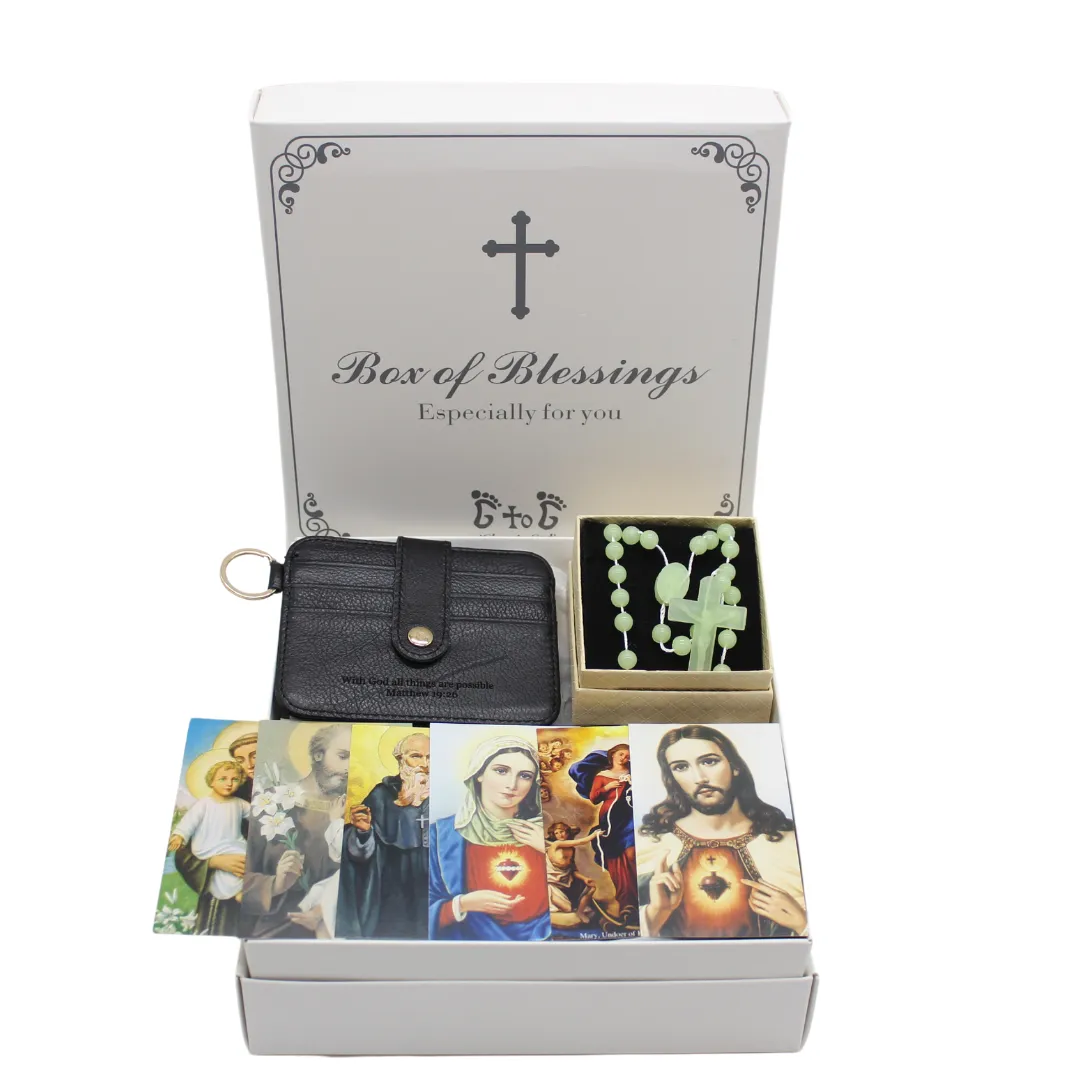 Engraved Leather Pouch and Box Set for Rosary/Prayer Cards