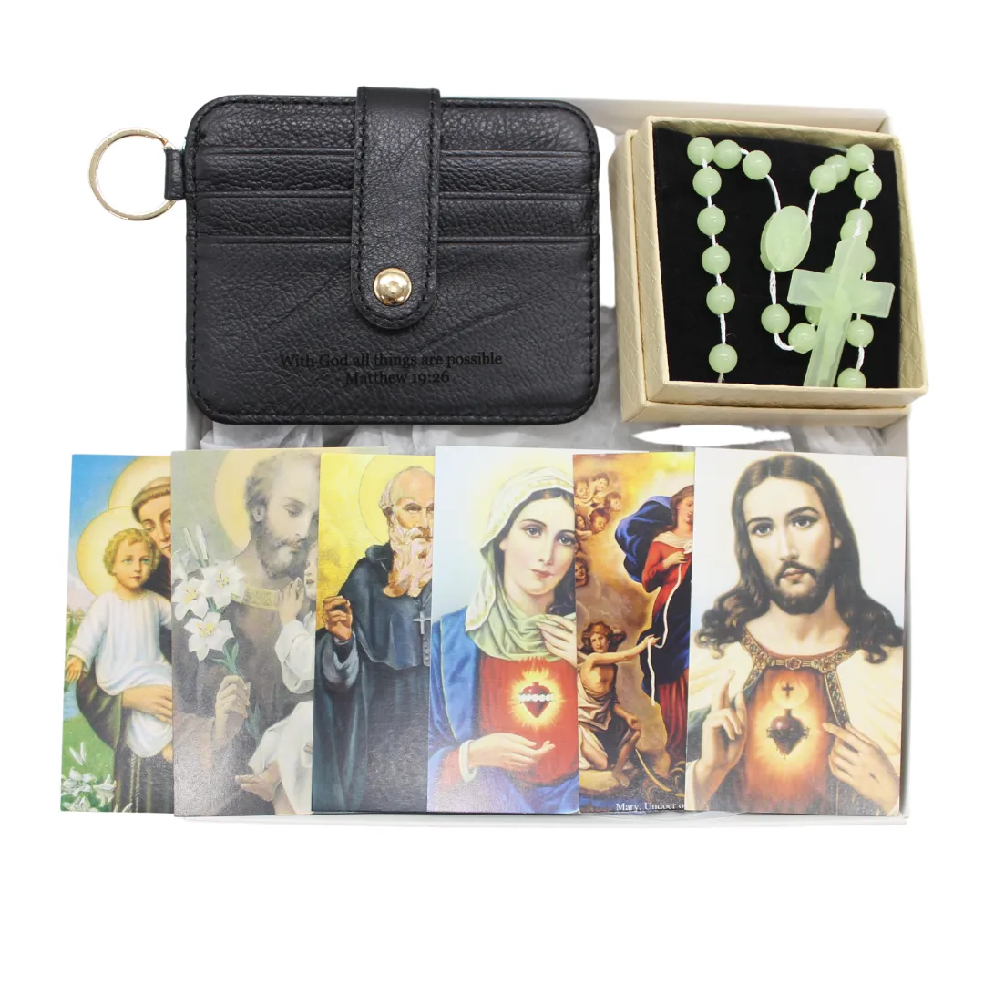 Engraved Leather Pouch and Box Set for Rosary/Prayer Cards