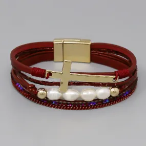 Cross & Pearl Bead Leather Charm Bracelet