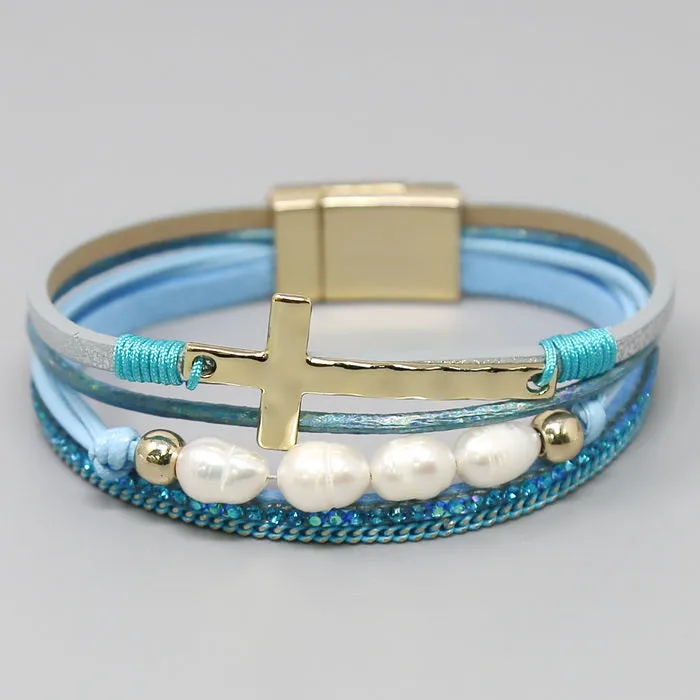 Cross & Pearl Bead Leather Charm Bracelet