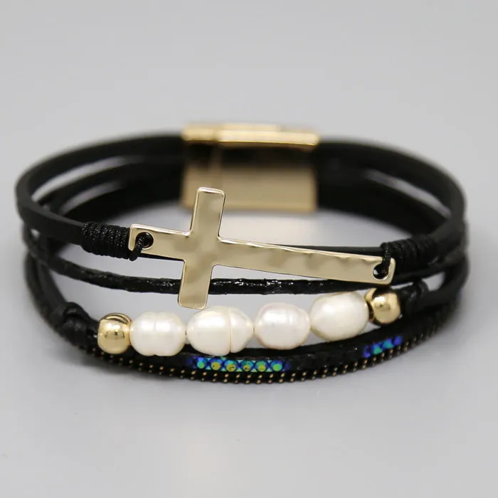 Cross & Pearl Bead Leather Charm Bracelet