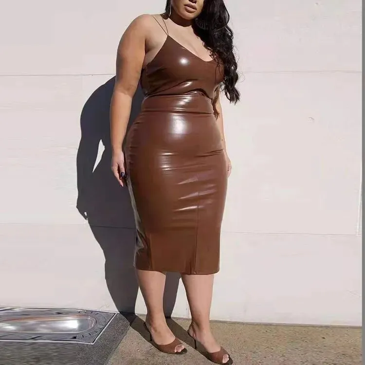 Sexy Leather Spaghetti Strap V Neck Backless Bodycon Dress