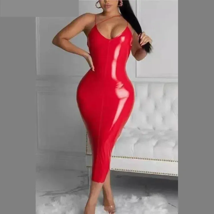 Sexy Leather Spaghetti Strap V Neck Backless Bodycon Dress