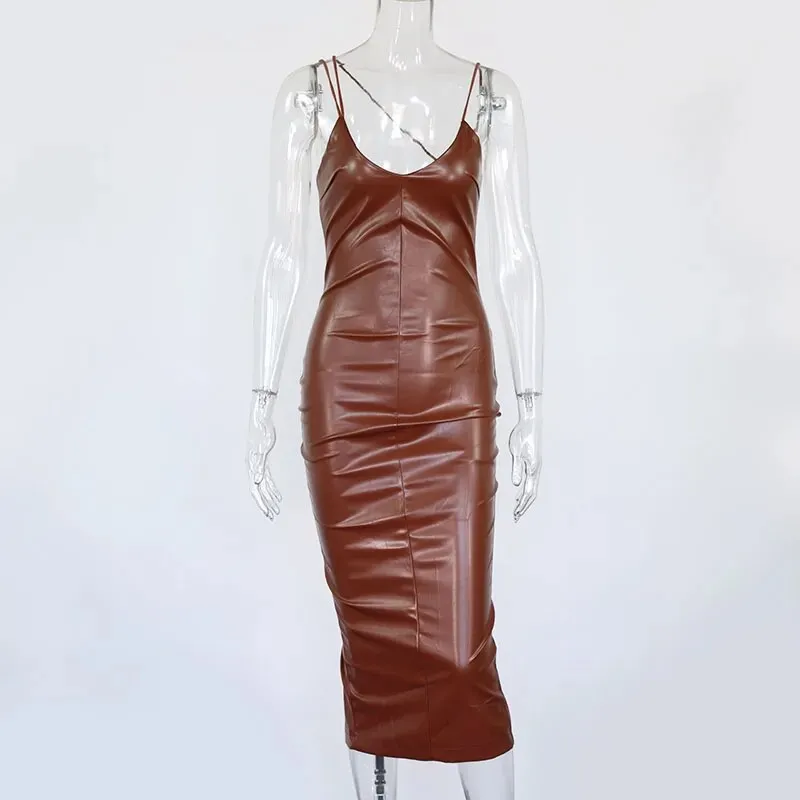 Sexy Leather Spaghetti Strap V Neck Backless Bodycon Dress