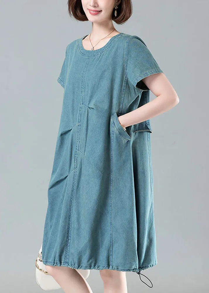 Light Blue Short Sleeve Denim Dress with Pockets