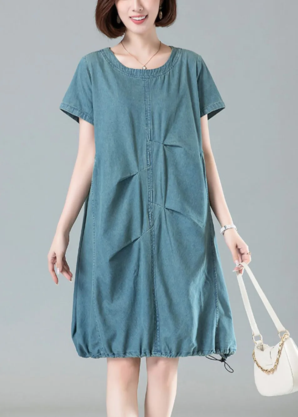 Light Blue Short Sleeve Denim Dress with Pockets