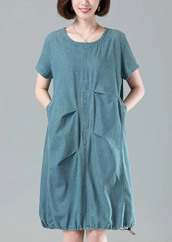 Light Blue Short Sleeve Denim Dress with Pockets