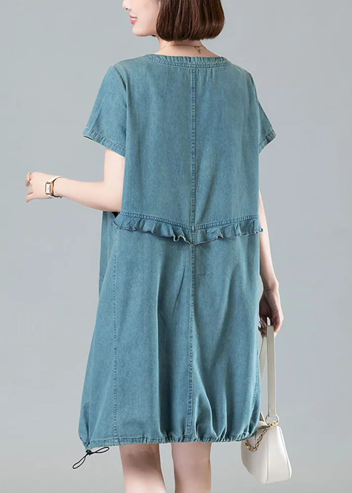 Light Blue Short Sleeve Denim Dress with Pockets