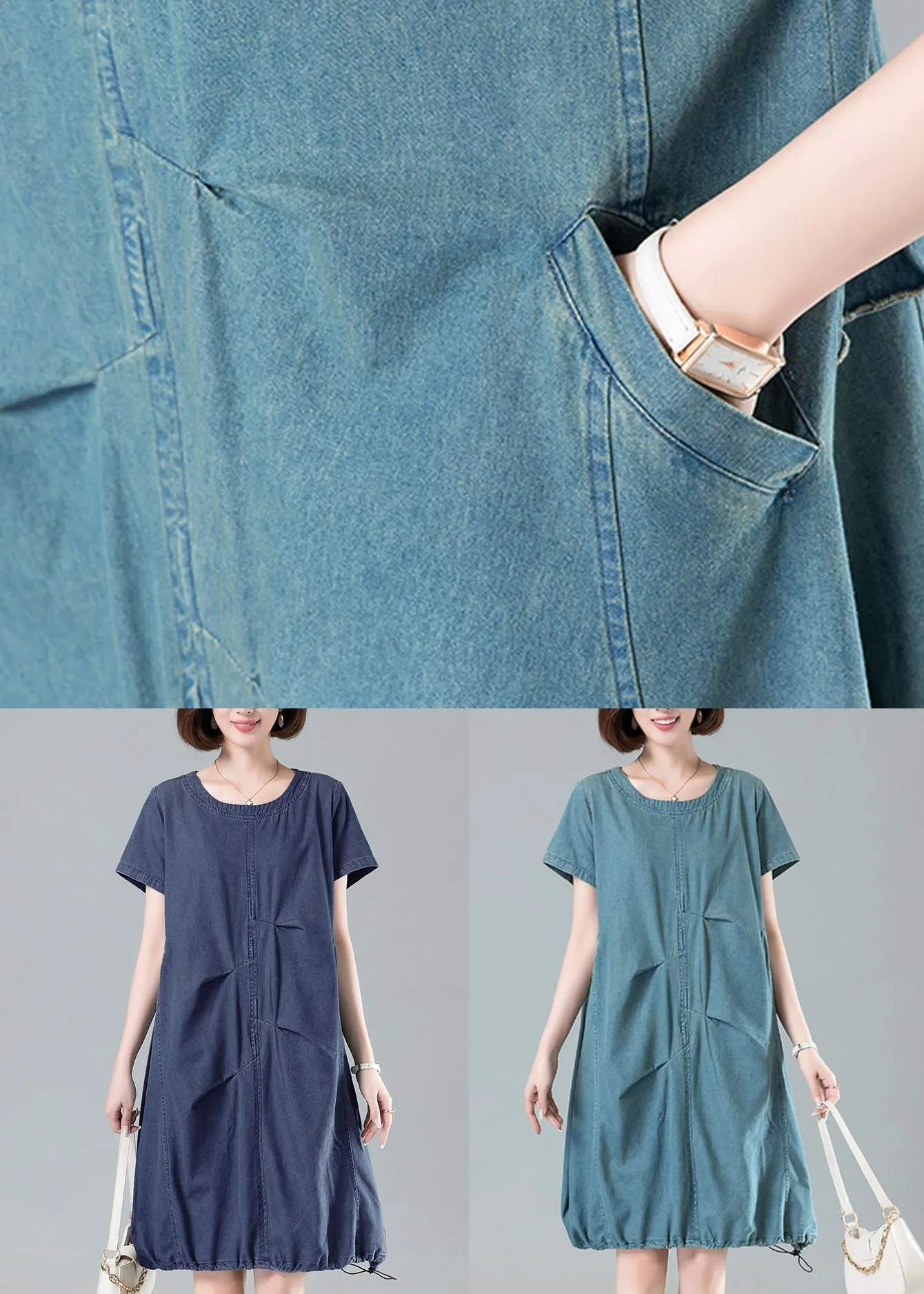 Light Blue Short Sleeve Denim Dress with Pockets