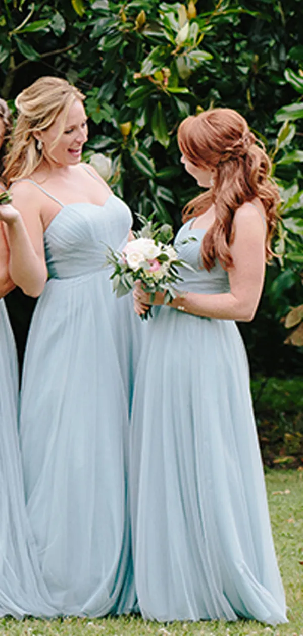 Light Blue Tulle Spaghetti Strap A-line Bridesmaid Dresses