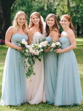 Light Blue Tulle Spaghetti Strap A-line Bridesmaid Dresses