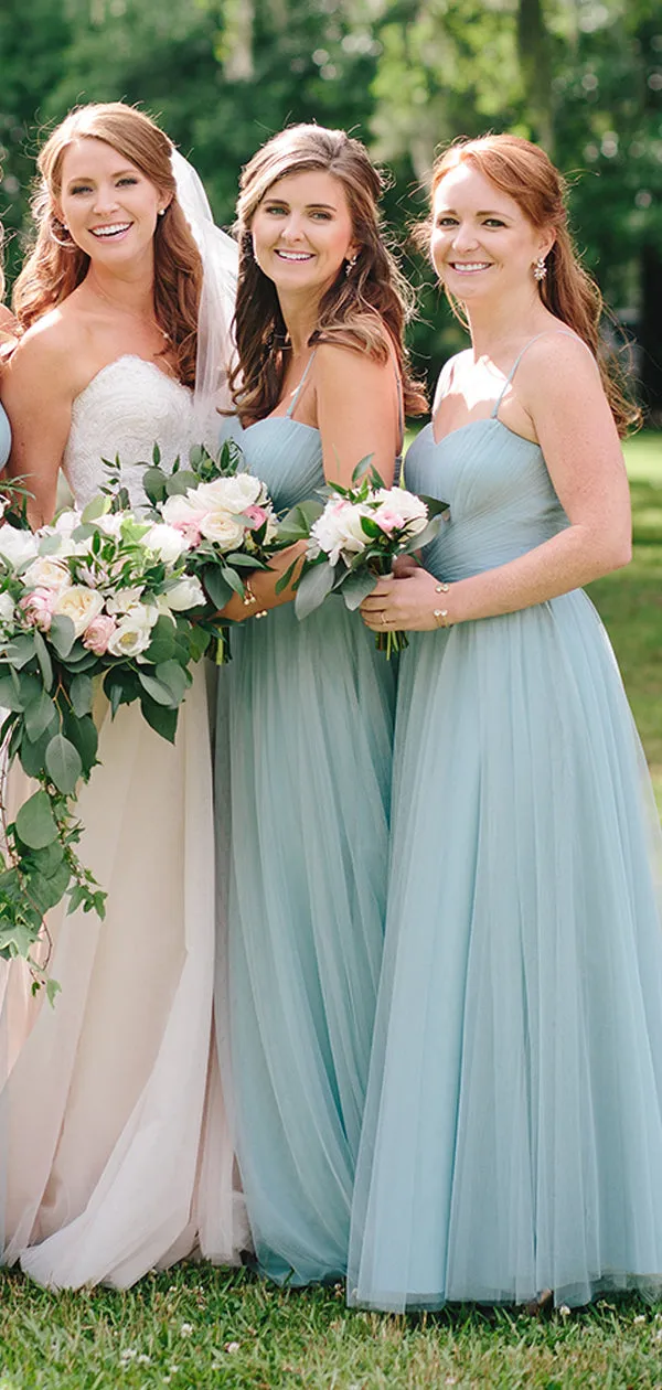 Light Blue Tulle Spaghetti Strap A-line Bridesmaid Dresses