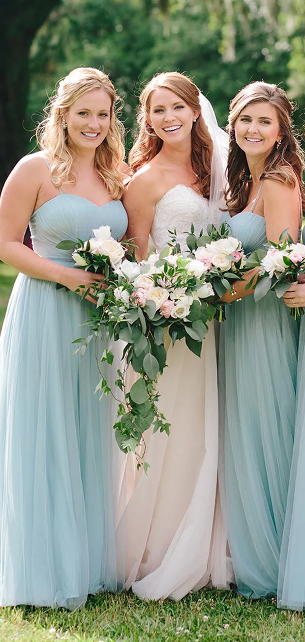 Light Blue Tulle Spaghetti Strap A-line Bridesmaid Dresses