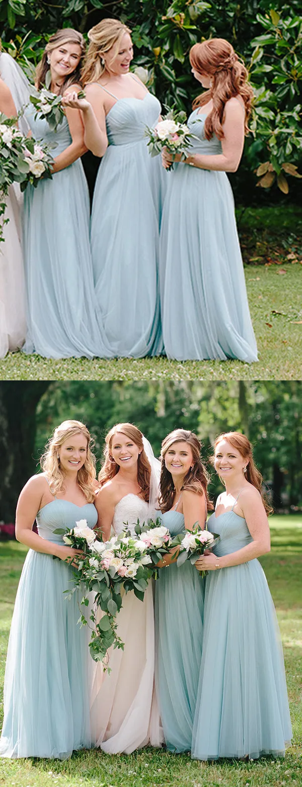 Light Blue Tulle Spaghetti Strap A-line Bridesmaid Dresses