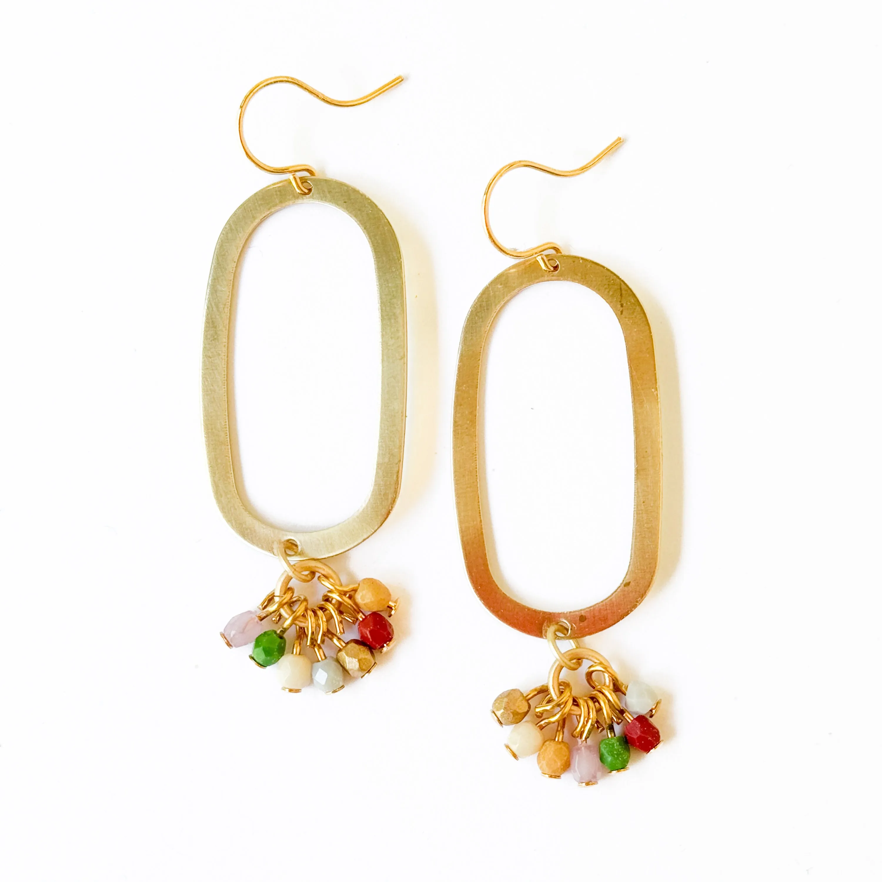 Long Light Oval Brass Earrings With Tiny Beaded Clusters