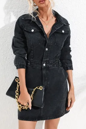 Long Sleeve Denim Dress with Turndown Collar and Pocket Buttons