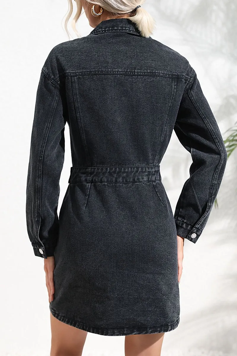 Long Sleeve Denim Dress with Turndown Collar and Pocket Buttons