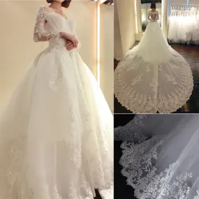 Stunning Long Sleeve Lace Applique Ball Gown Wedding Dress