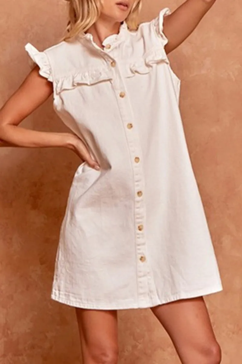 Make Old Buckle Lotus Leaf Collar Denim Dress