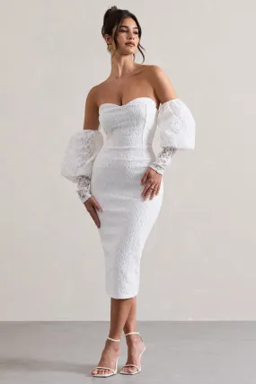 Mary | White Lace Off-Shoulder Puff-Sleeve Midi Gown