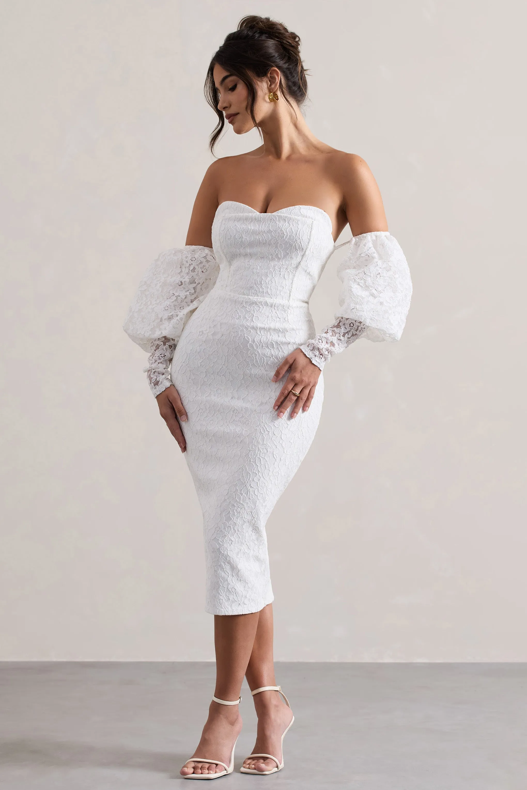 Mary | White Lace Off-Shoulder Puff-Sleeve Midi Gown