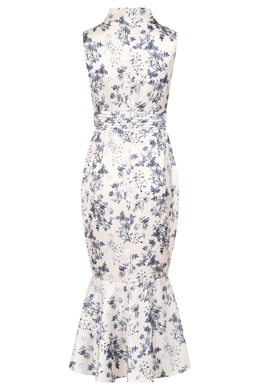 High Neck Satin Midi Dress Navy Porcelain Print