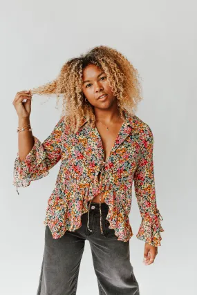 Nightfall Ditsy Floral Front Tie Blouse