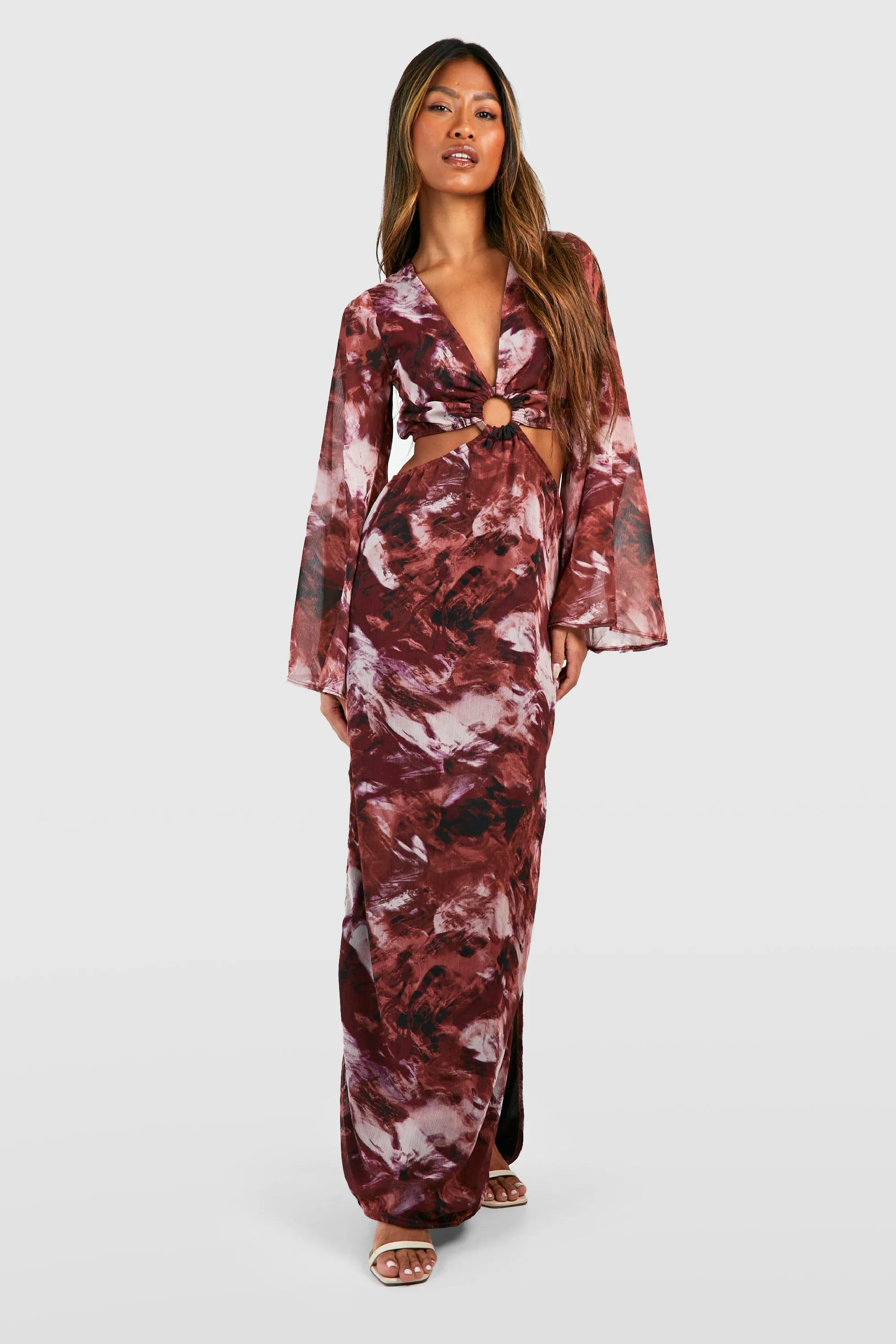 O Ring Printed Flare Sleeve Maxi Dress