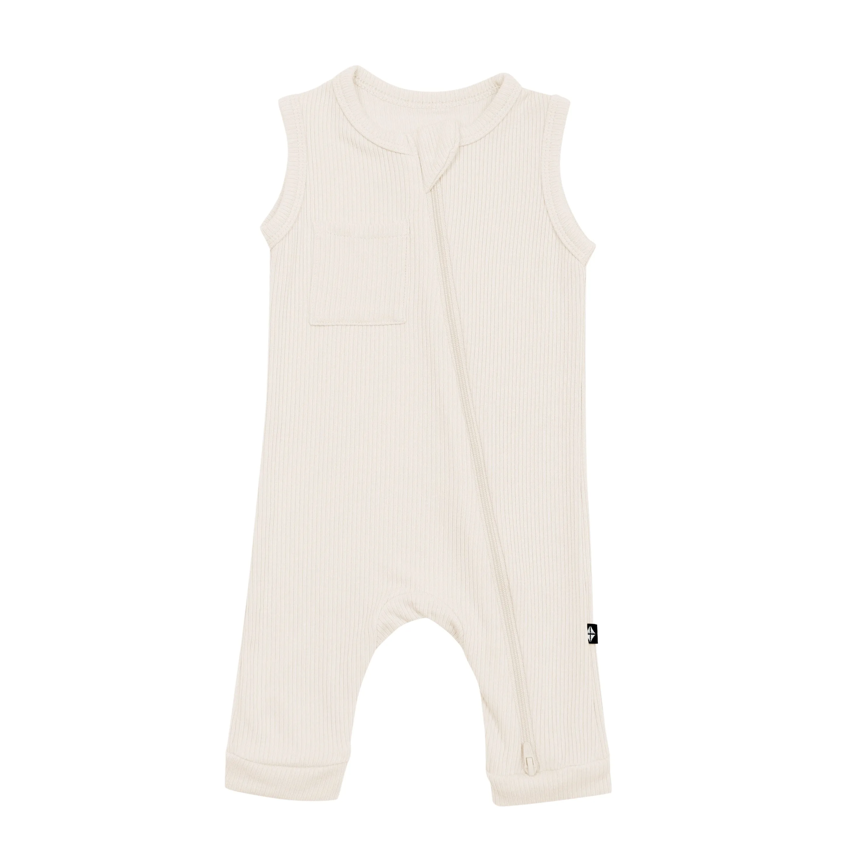 Ribbed Sleeveless Romper in Oat with Zipper