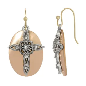 Oval Disk Cross Crystal Drop Earrings