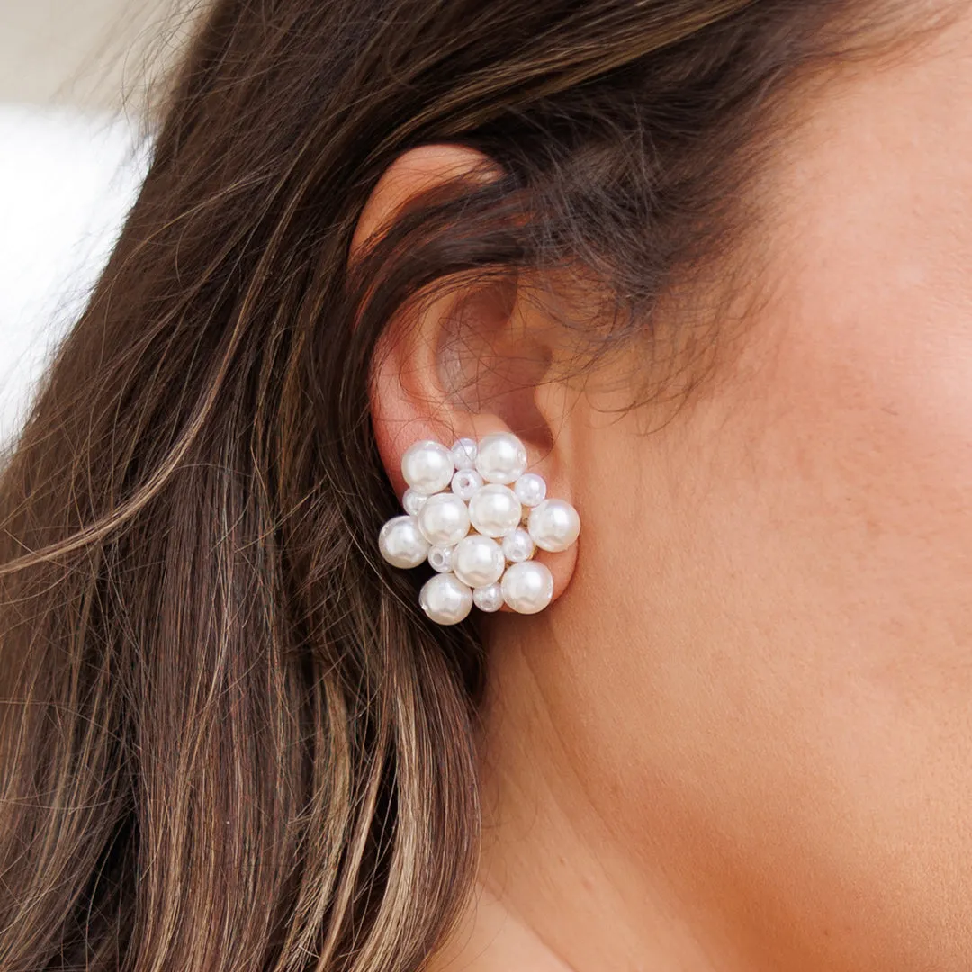 White Pearl Cluster Stud Earrings