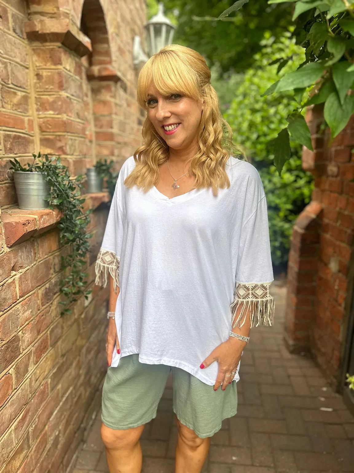 Drew White Crochet Fringed Sleeve Top