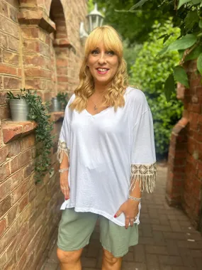 Drew White Crochet Fringed Sleeve Top