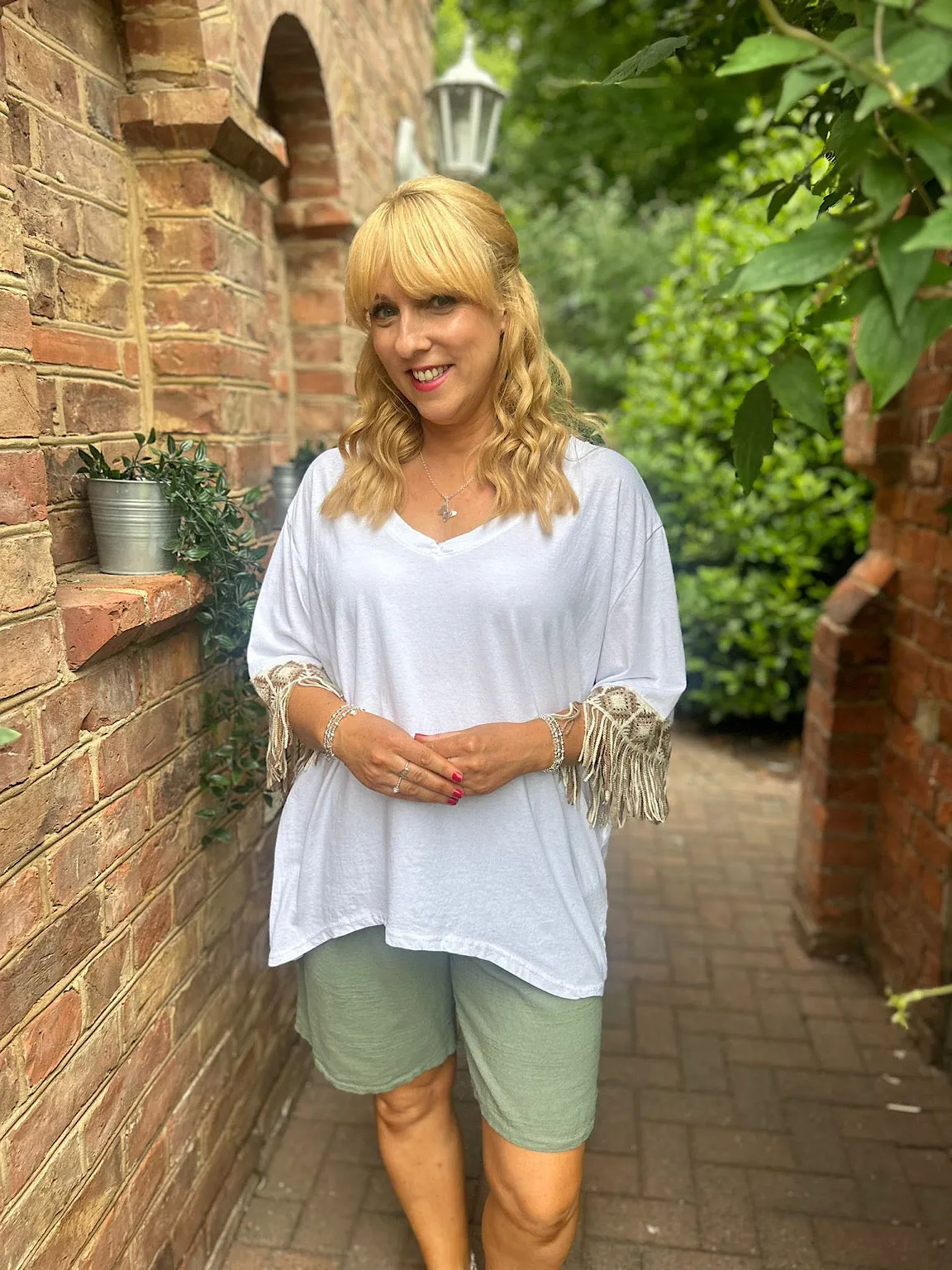 Drew White Crochet Fringed Sleeve Top