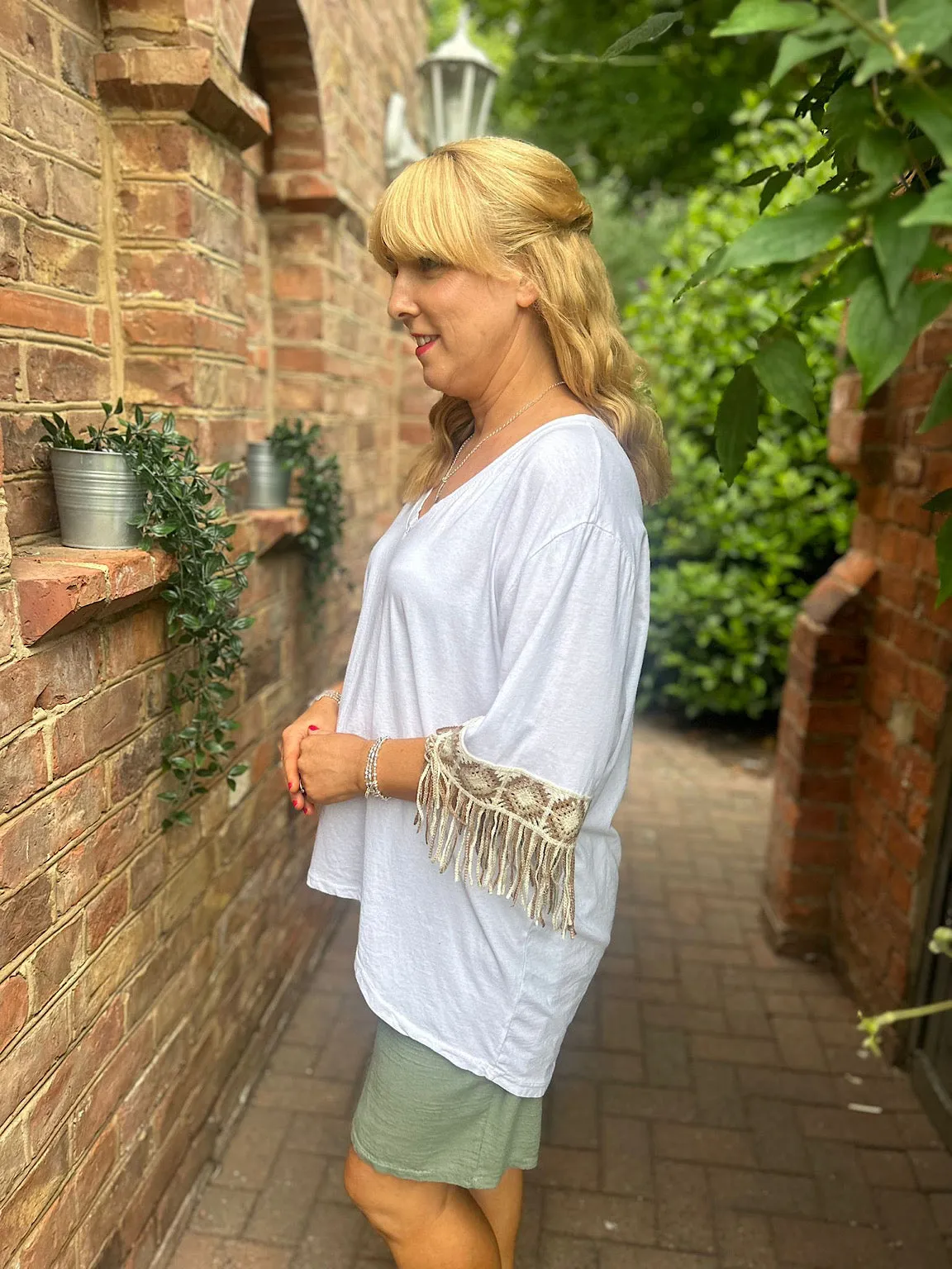 Drew White Crochet Fringed Sleeve Top