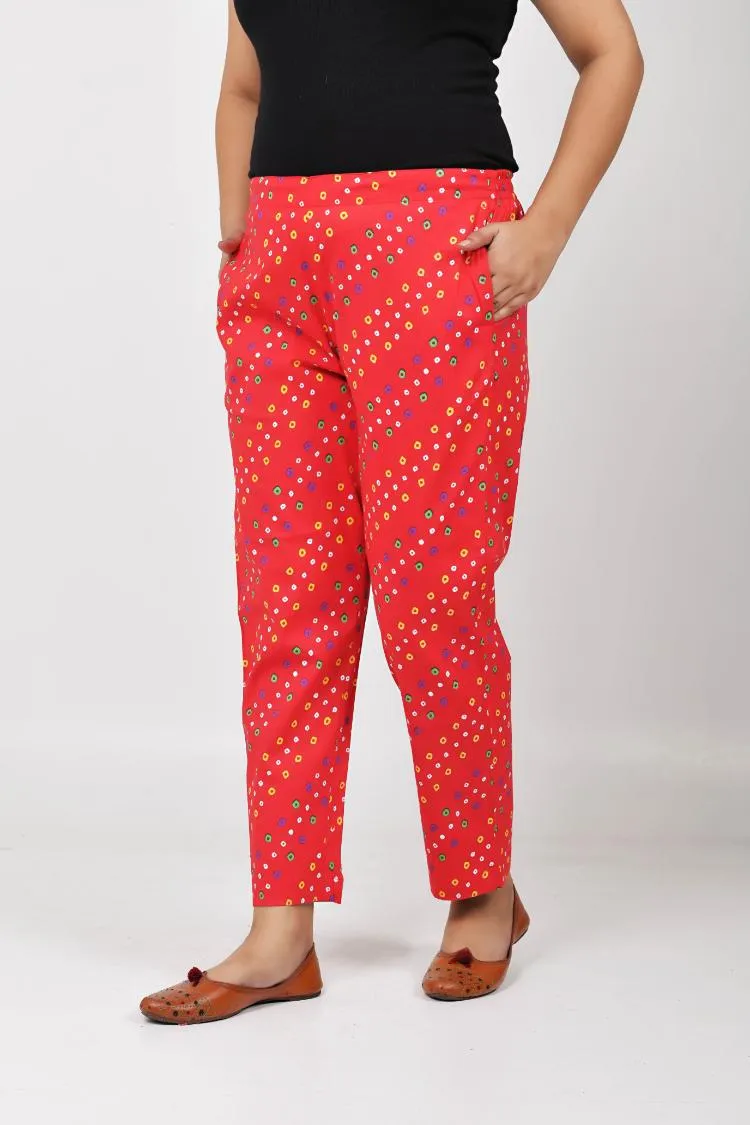 Red Bandhani Lycra Slim Fit Trousers