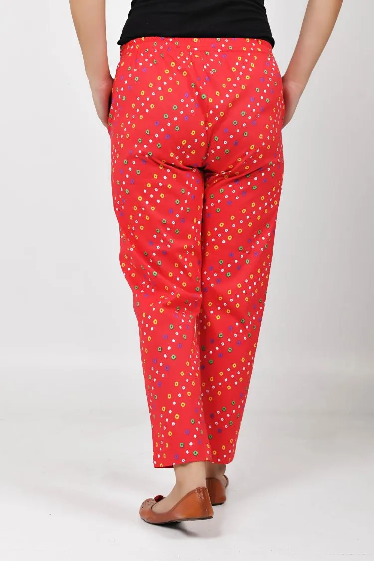 Red Bandhani Lycra Slim Fit Trousers