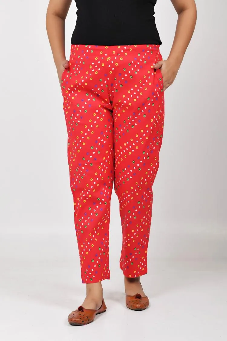 Red Bandhani Lycra Slim Fit Trousers