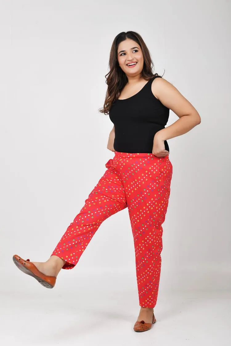 Red Bandhani Lycra Slim Fit Trousers