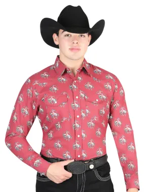 Red Printed Long Sleeve Denim Shirt for Men 'El General'