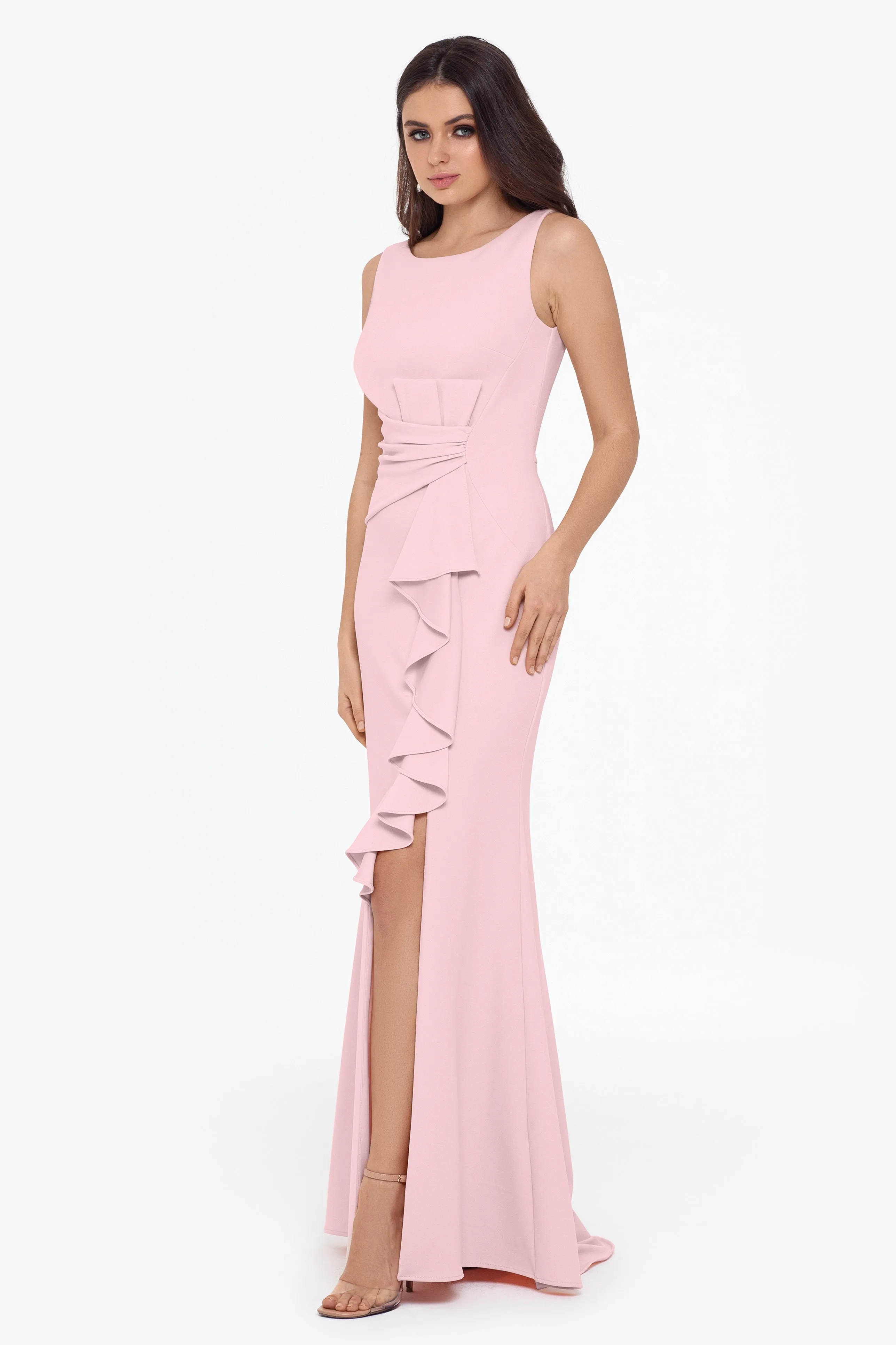 Petite Ruffled Bow Gown in Scuba Crepe