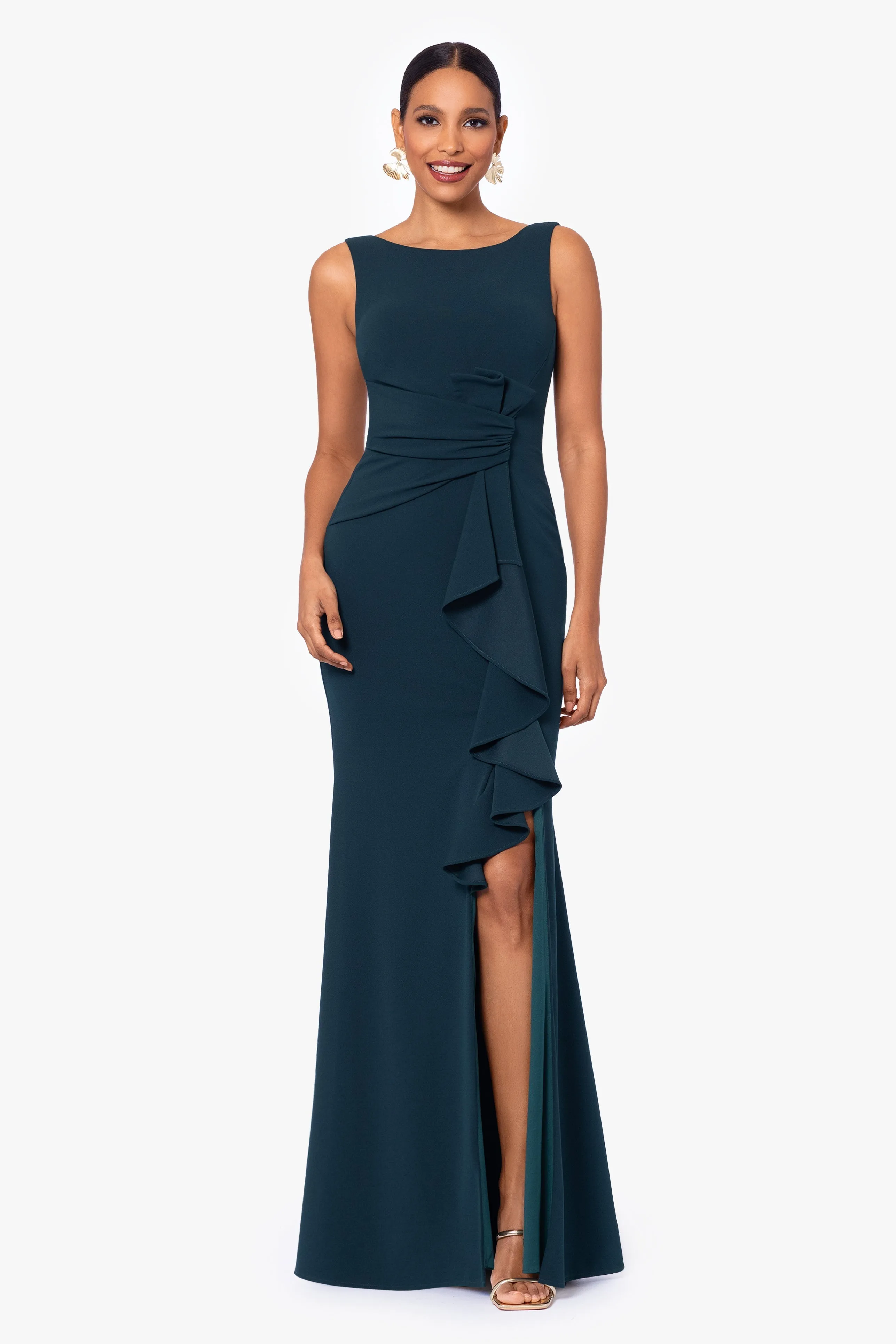 Petite Ruffled Bow Gown in Scuba Crepe